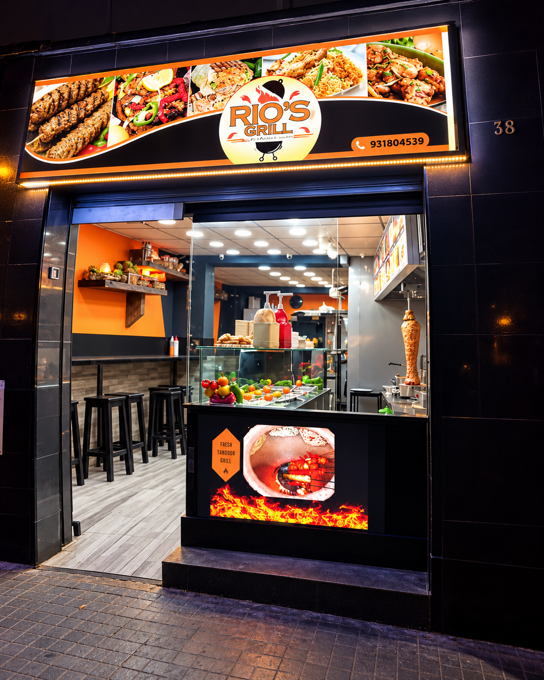 Fachada completa y rótulo de Rio's Grill en Av. Ponent 38