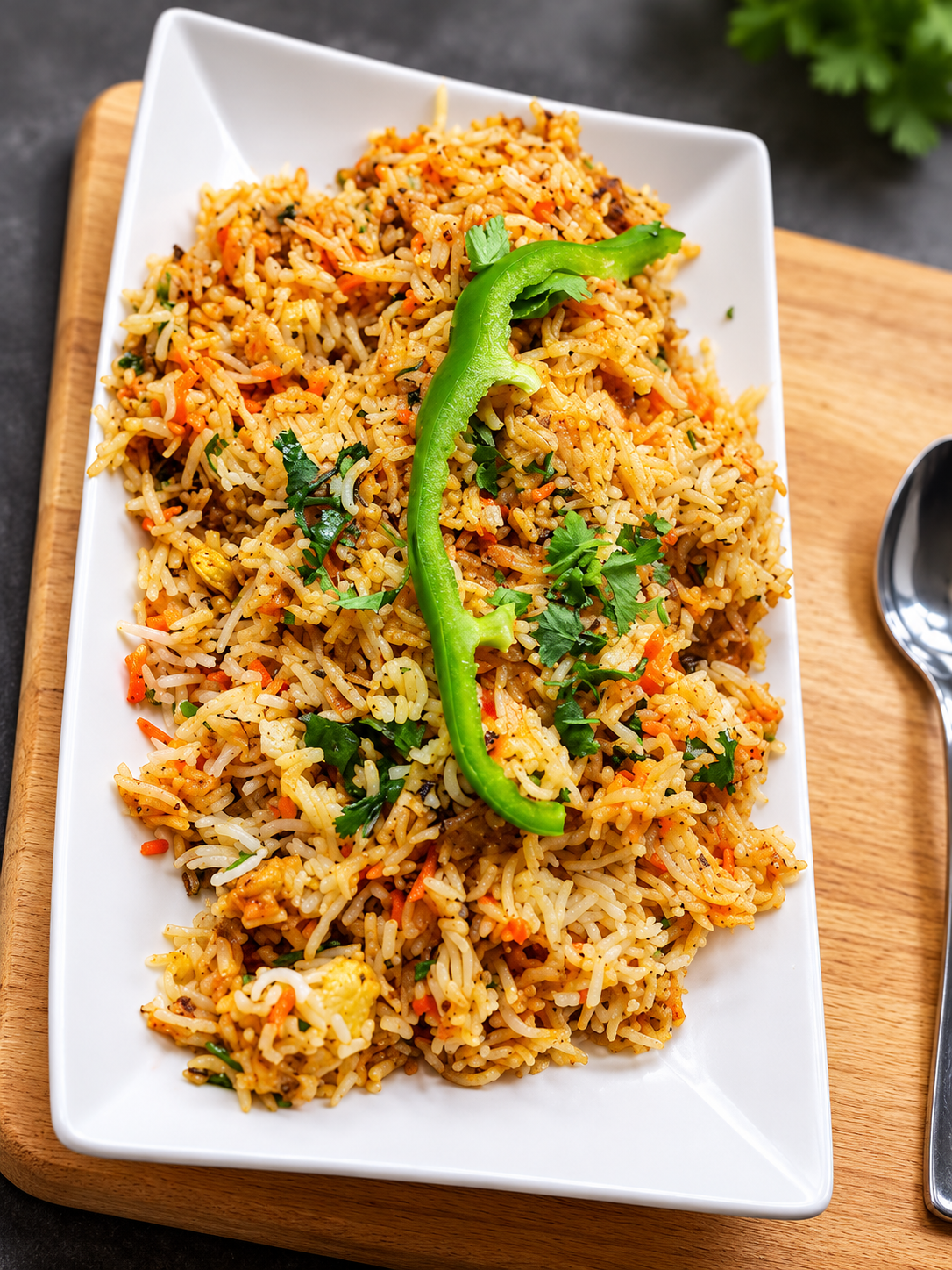 Arroz biryani con pimiento verde y cilantro en una fuente blanca
