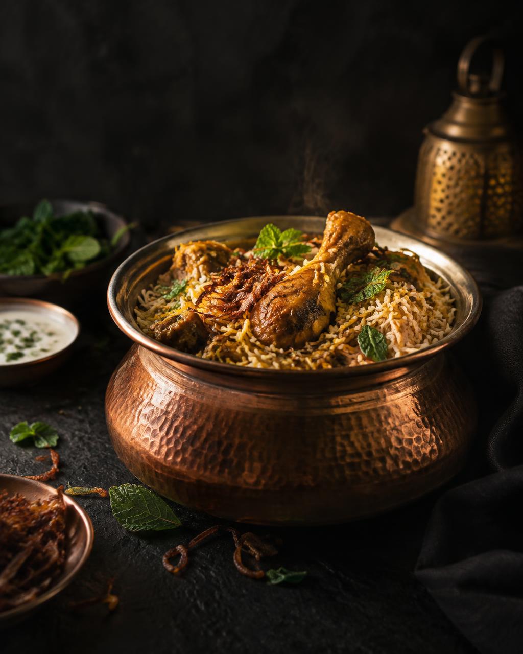 Biryani de pollo en olla de cobre